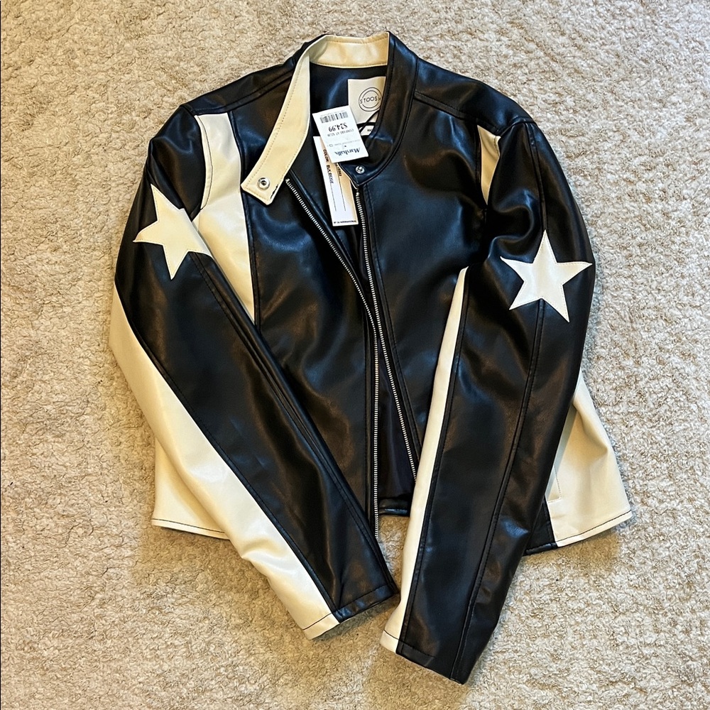 Stoosh Black and Cream Star Leather Jacket